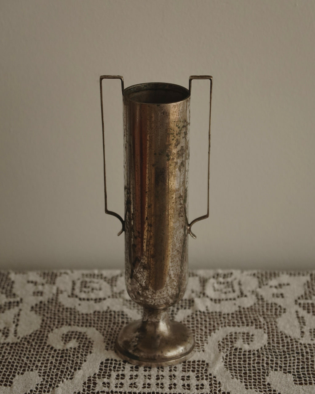 Art deco tall pewter vase with two handles, Made in Australia
