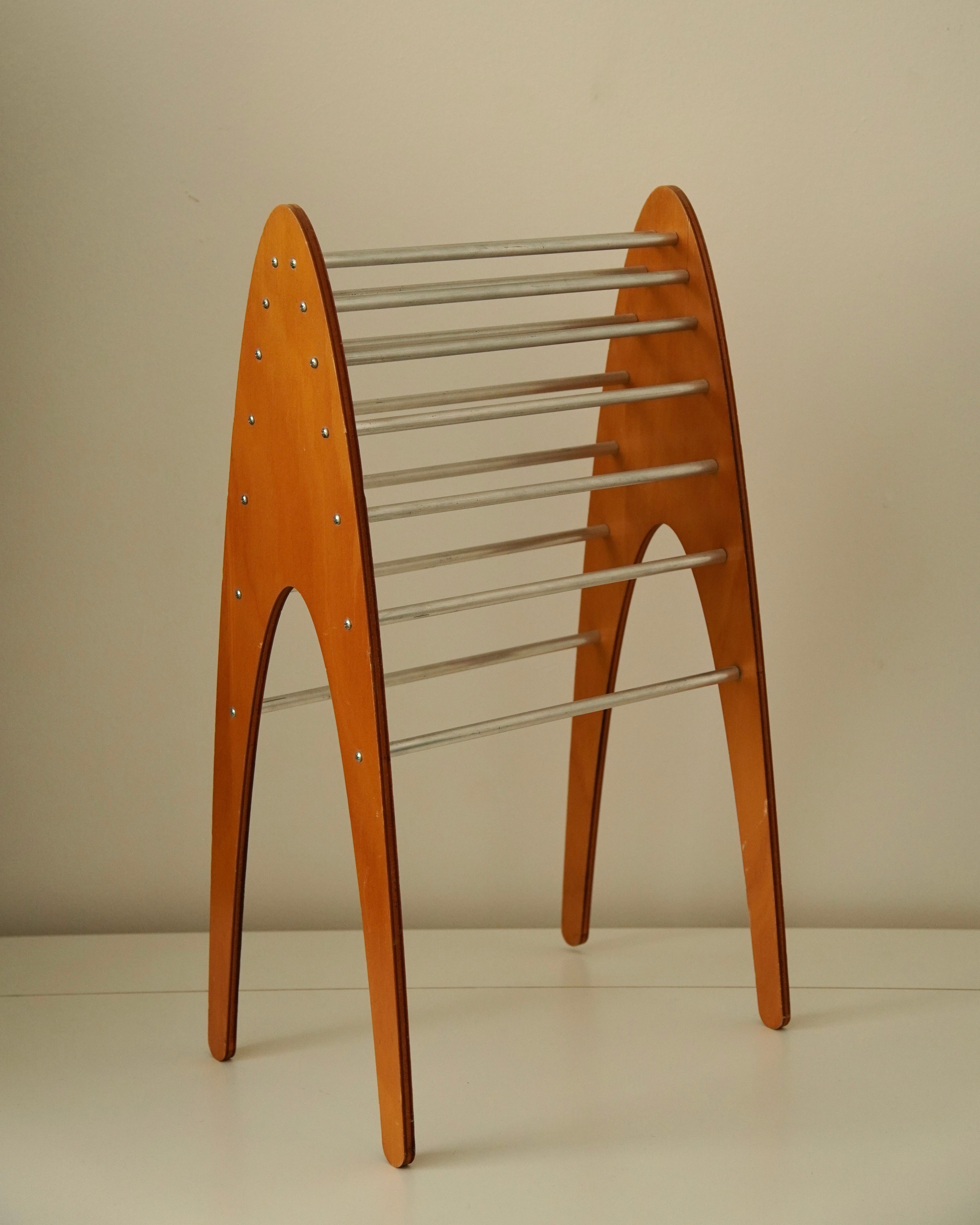 Atomic style wooden and metal magazine rack