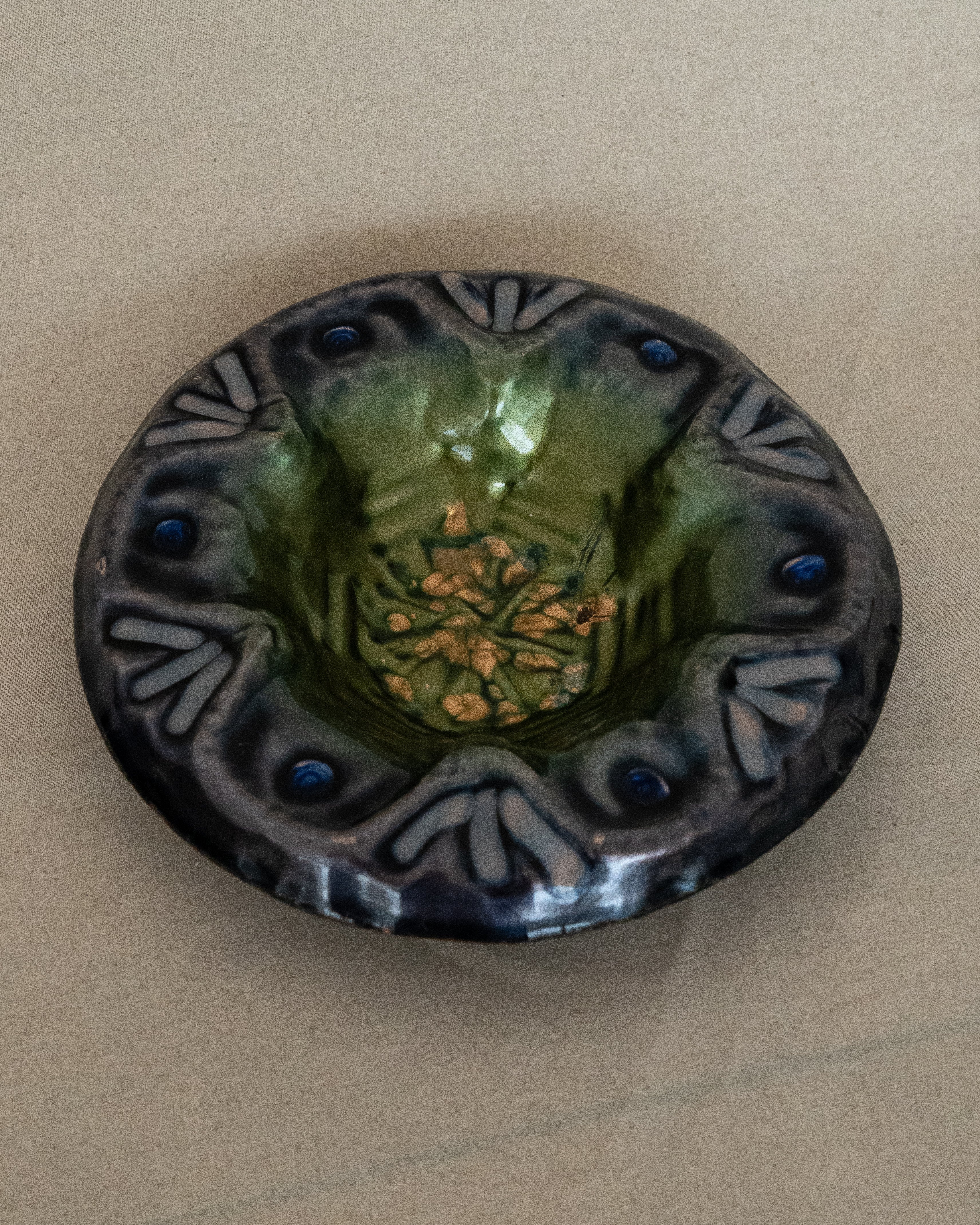 Copper enameled decorative trinket bowl (blue, purple, green, gold) likely by Laurana Rame d'Arte Italy