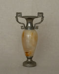 Small stone urn single stem vase with intricate handles (white)