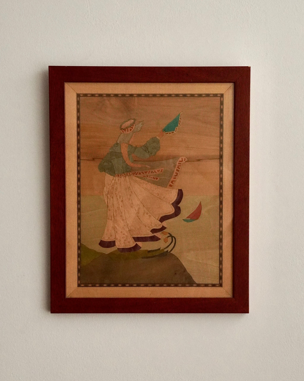 Framed wood stained marquetry artwork with burl