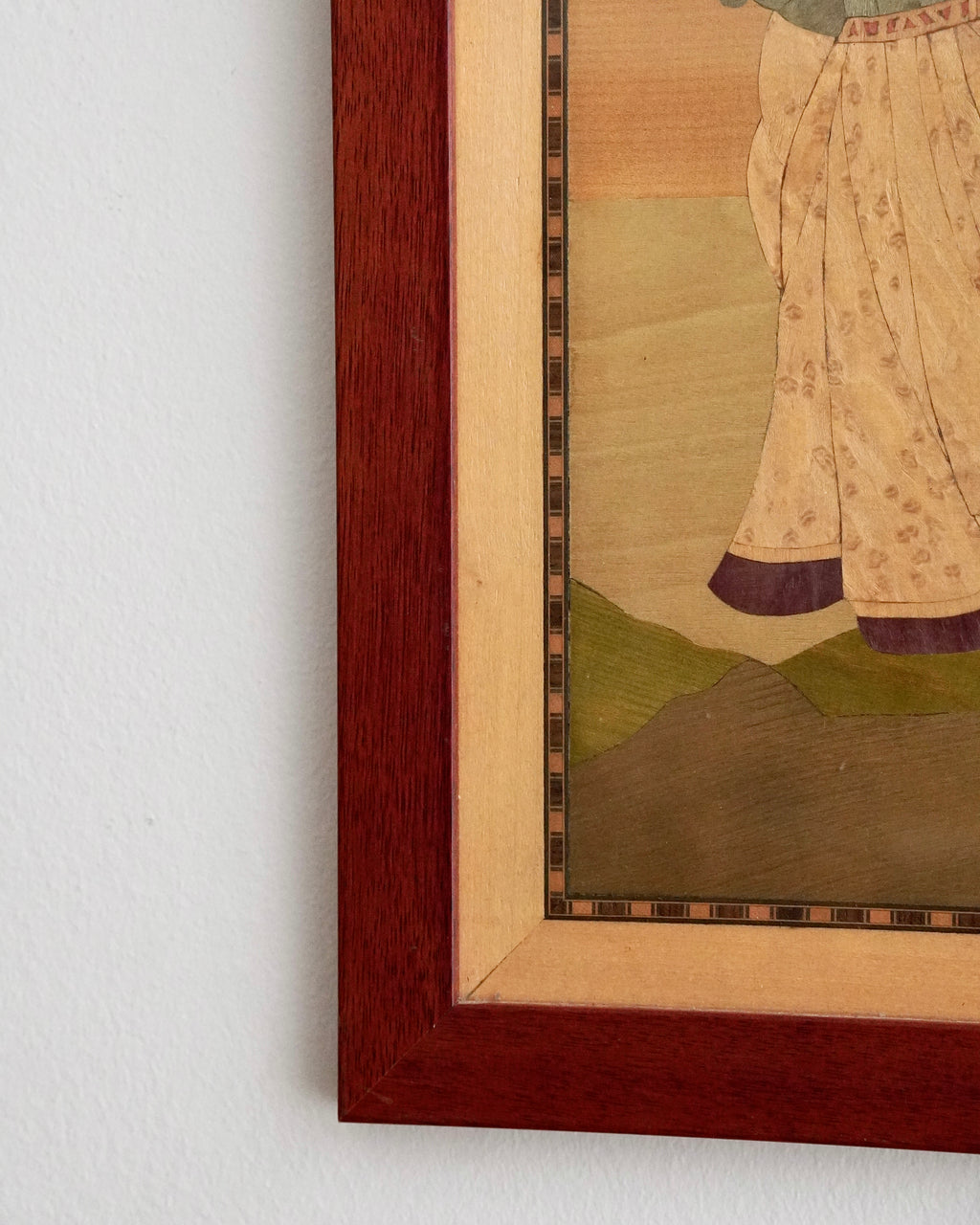Framed wood stained marquetry artwork with burl