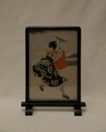 Japanese geisha embroidery artwork on wooden frame and stand