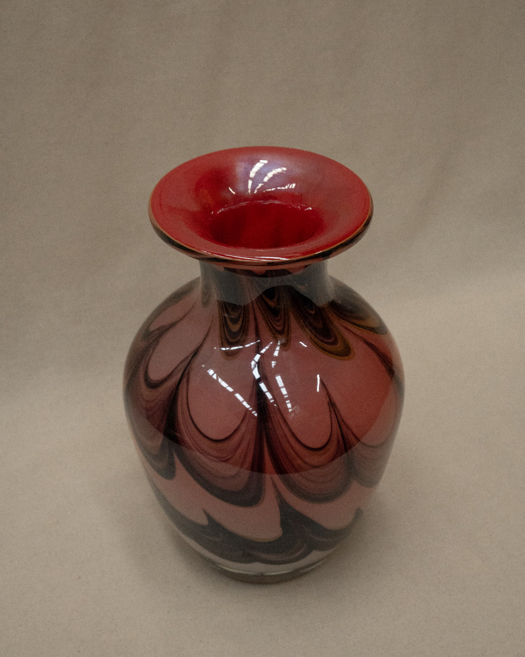 1960s pink art glass vase with black and yellow details