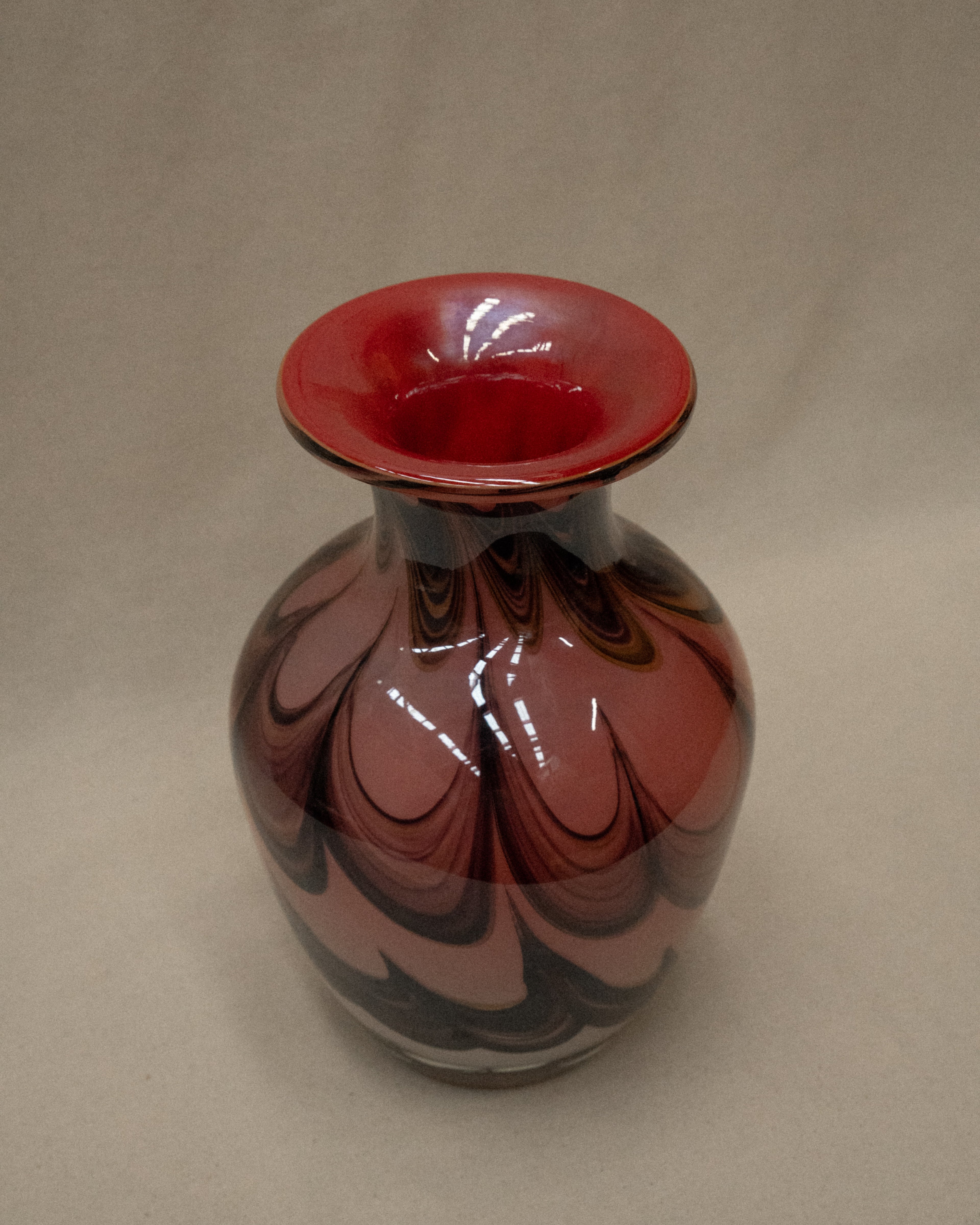 1960s pink art glass vase with black and yellow details