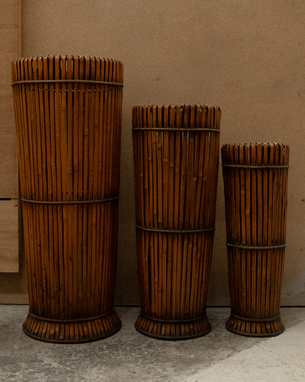 Set of 3 tall bamboo baskets