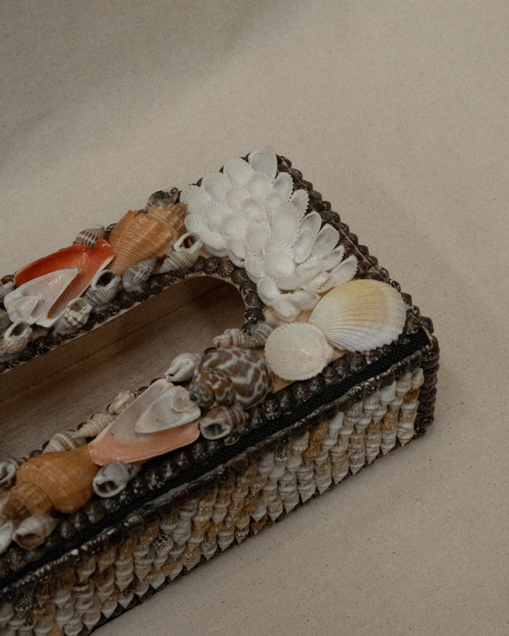 Tissue box adorned with shells