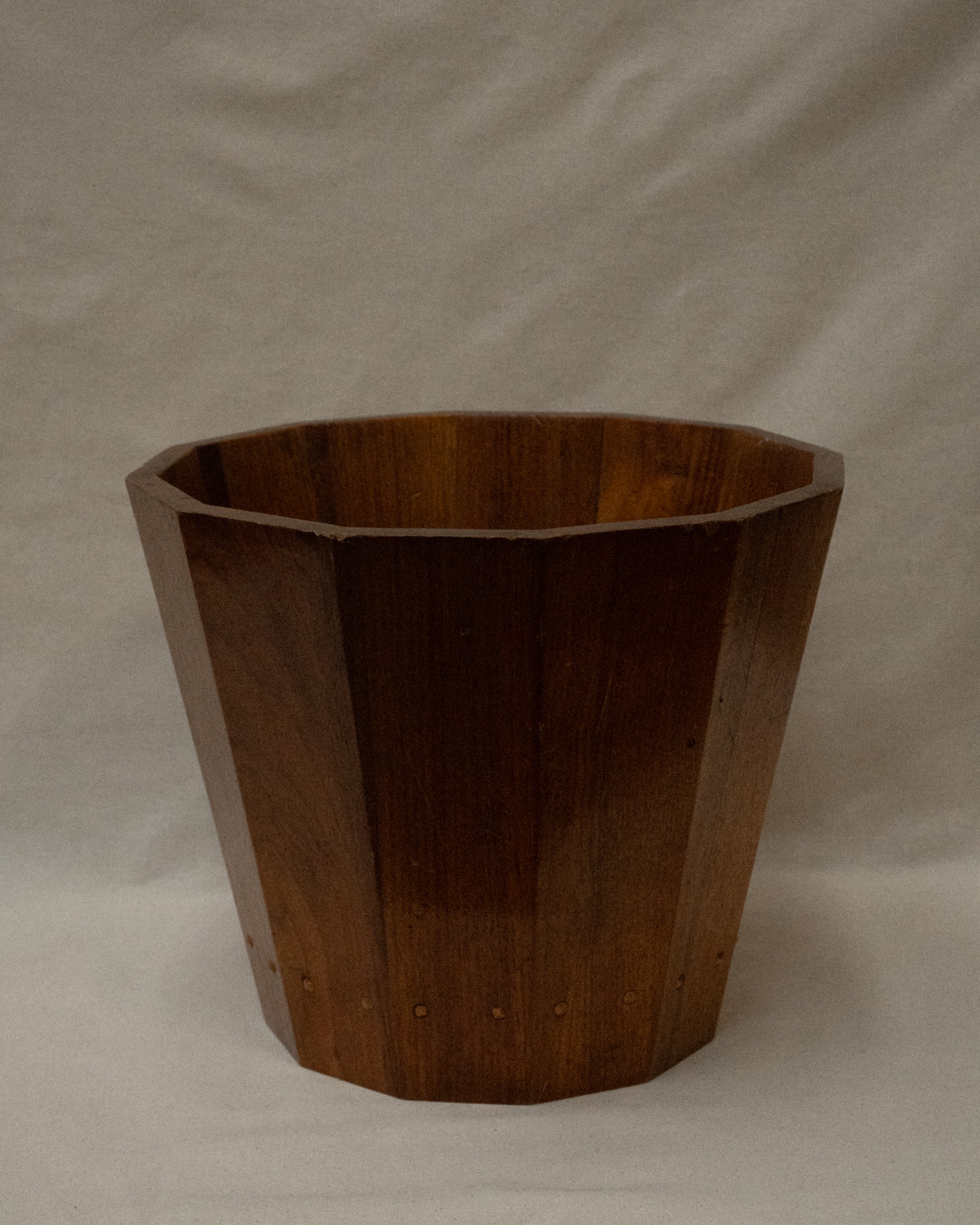 Wooden container bin with hammered copper nails