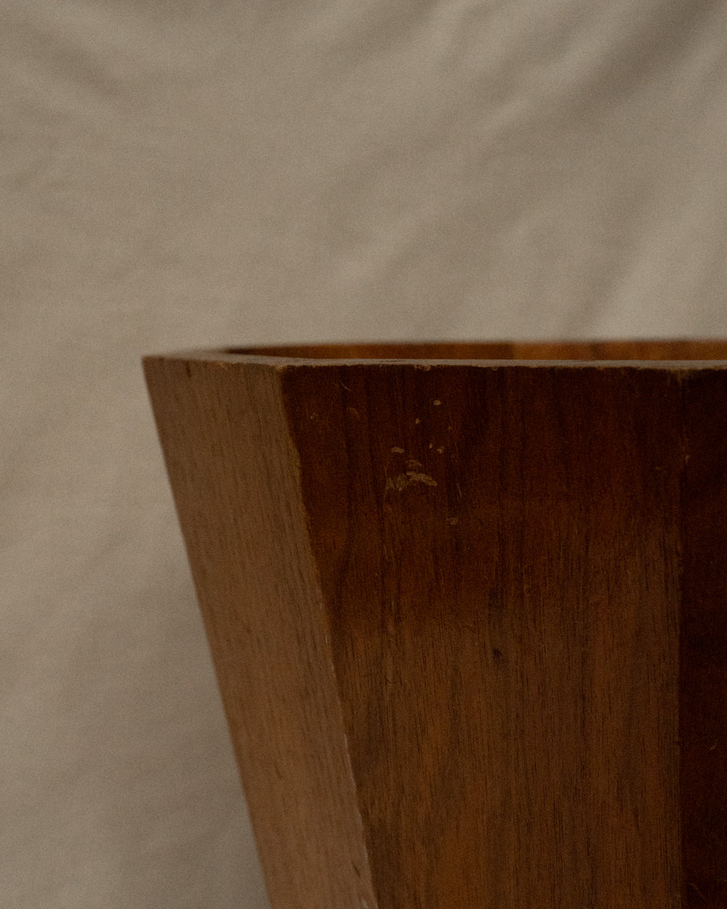 Wooden container bin with hammered copper nails