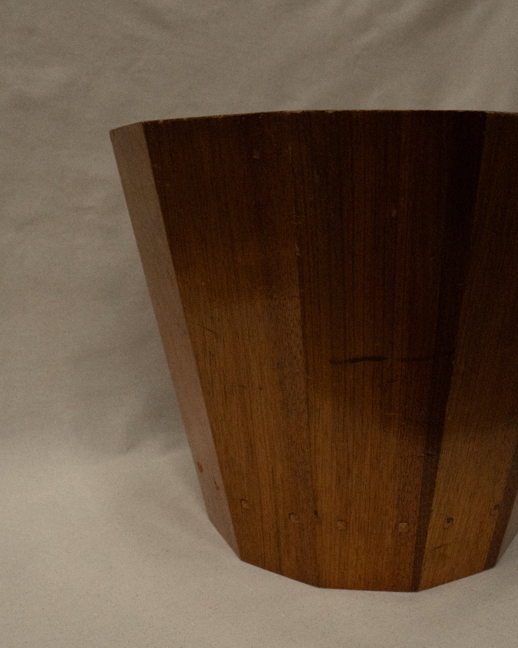 Wooden container bin with hammered copper nails