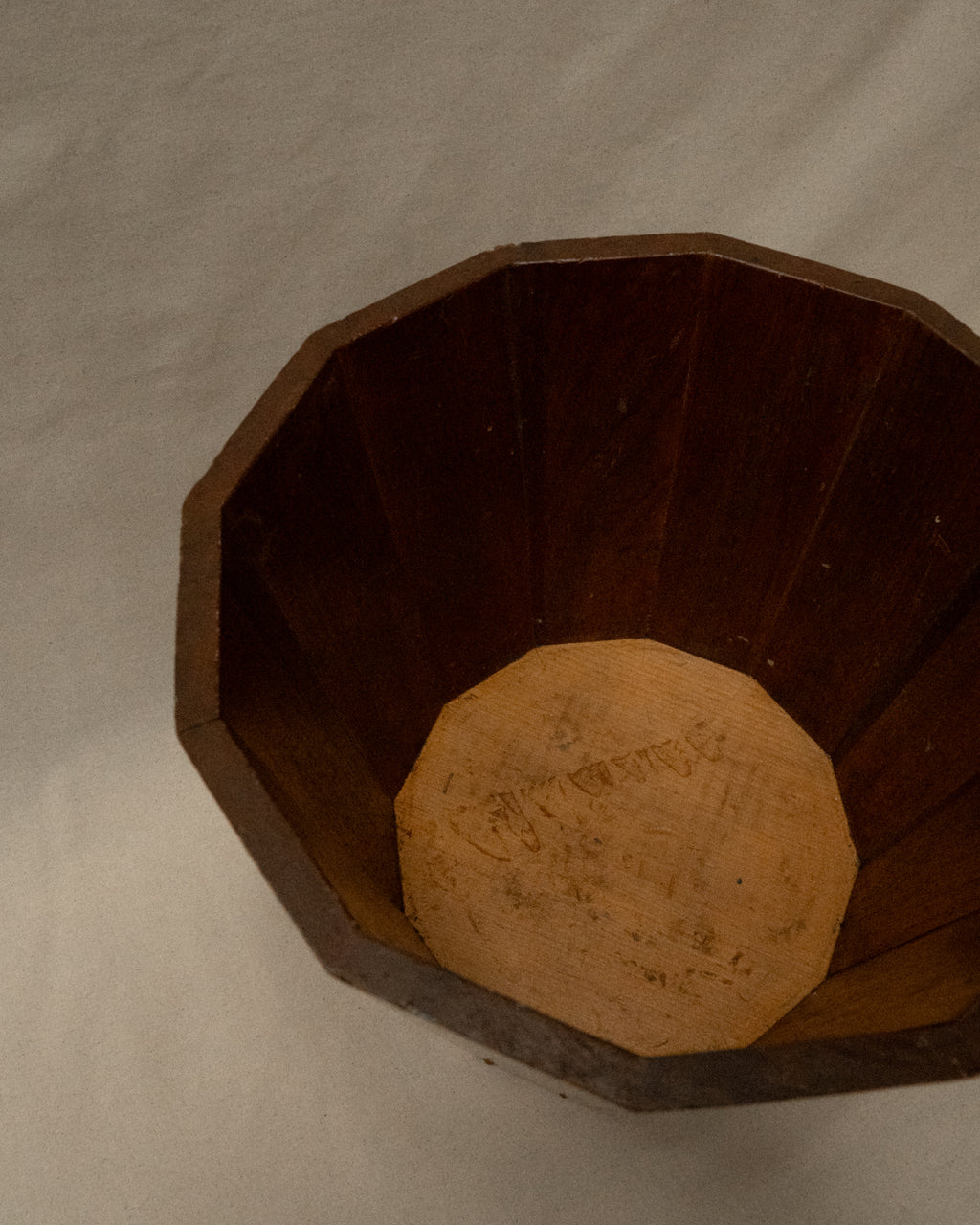 Wooden container bin with hammered copper nails