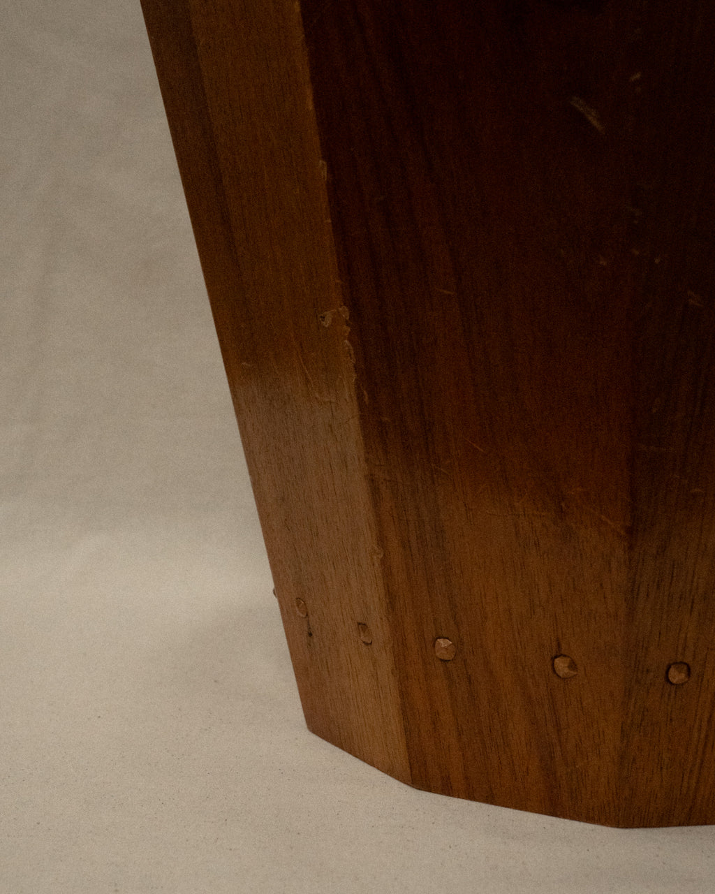 Wooden container bin with hammered copper nails