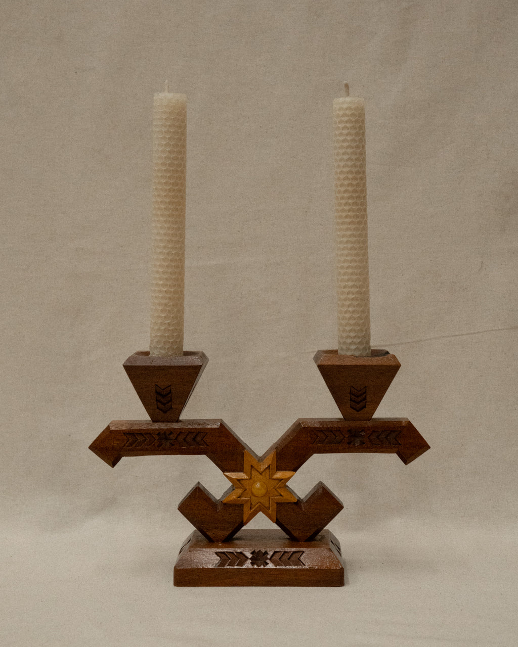 Swedish chip carve wooden candelabra