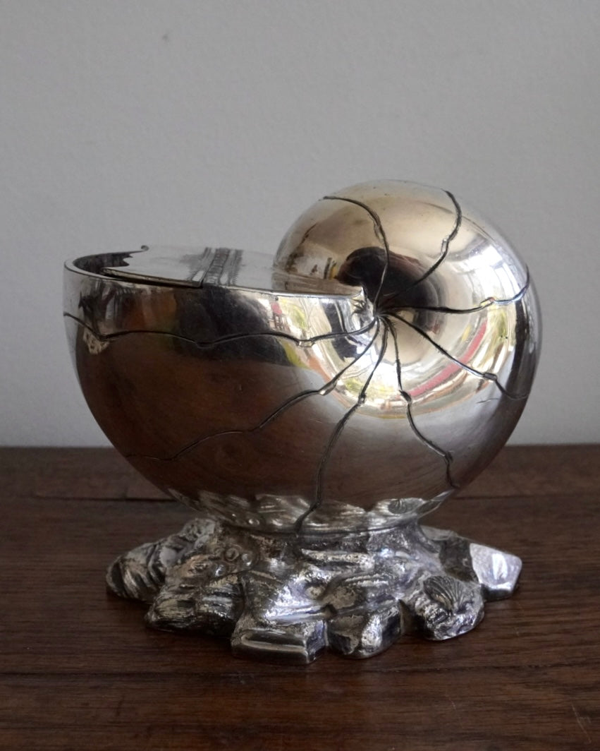 Victorian era (1880-1890s) silver plated Nautilus shell spoon warmer on naturalistic base by Atkin Bros