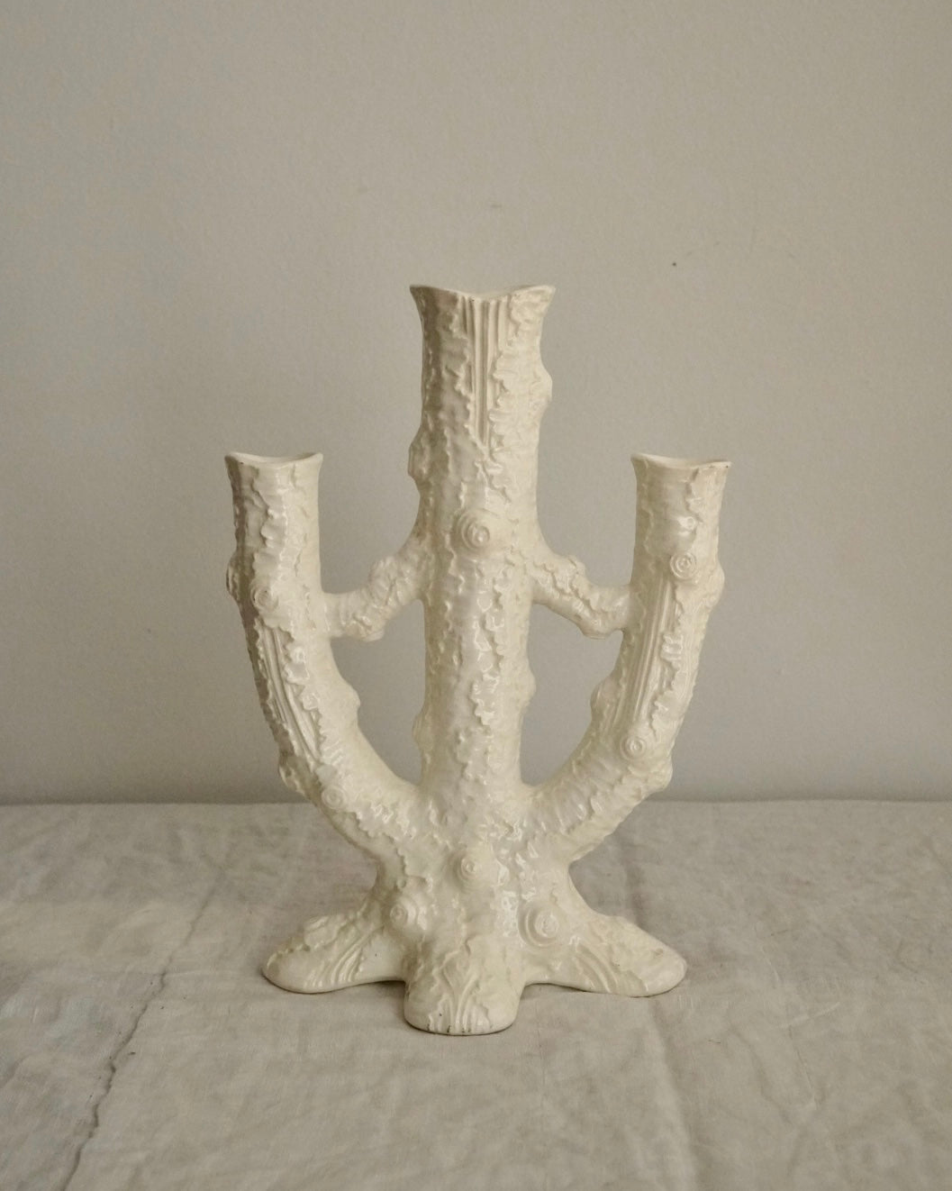 19th century white ceramic 3 in 1 vase with birch tree trunks pattern