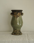Light green and grey ceramic vase with scroll handles