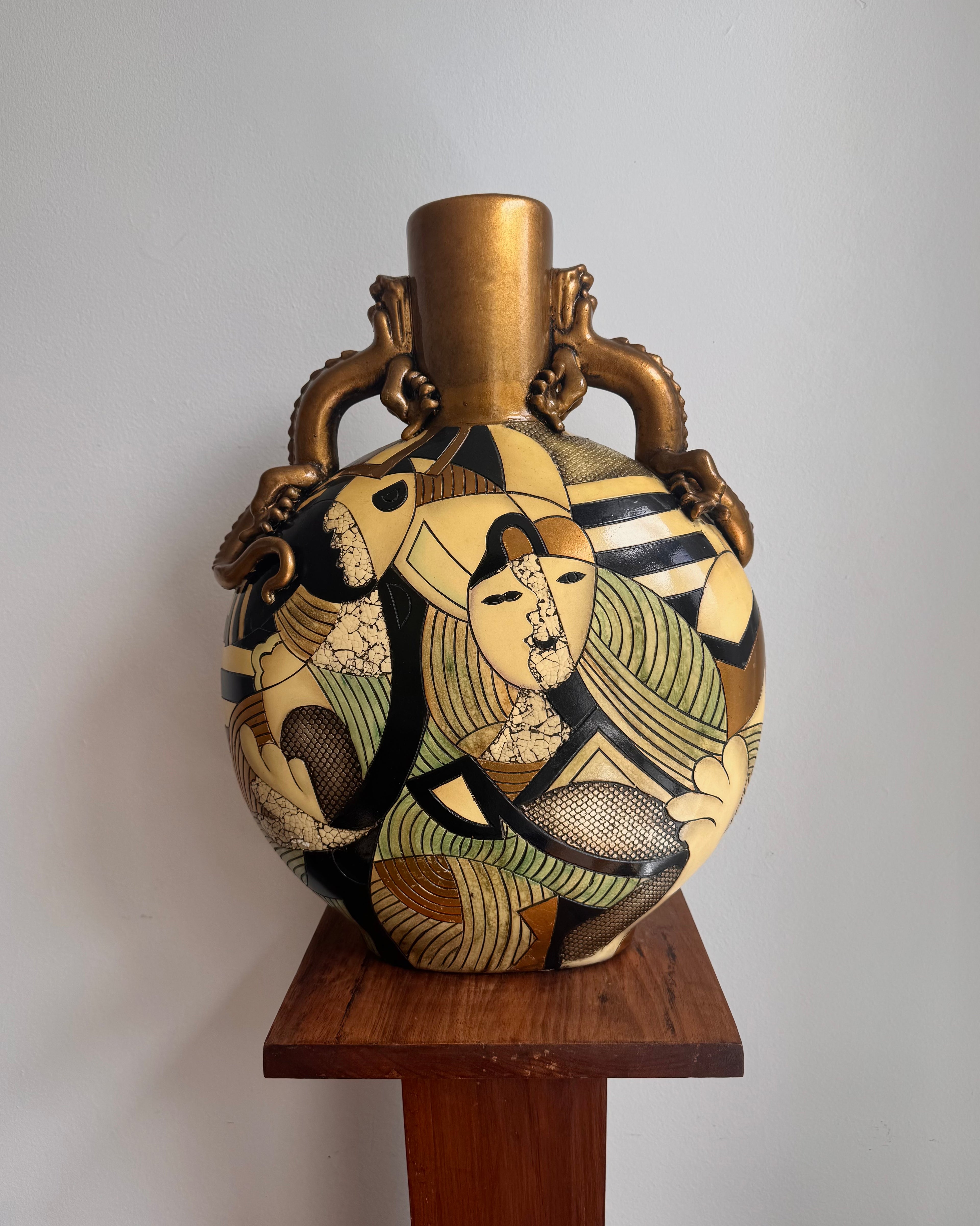 Vintage art deco picasso ceramic vase with dragon handles likely by Alexander Kalifano