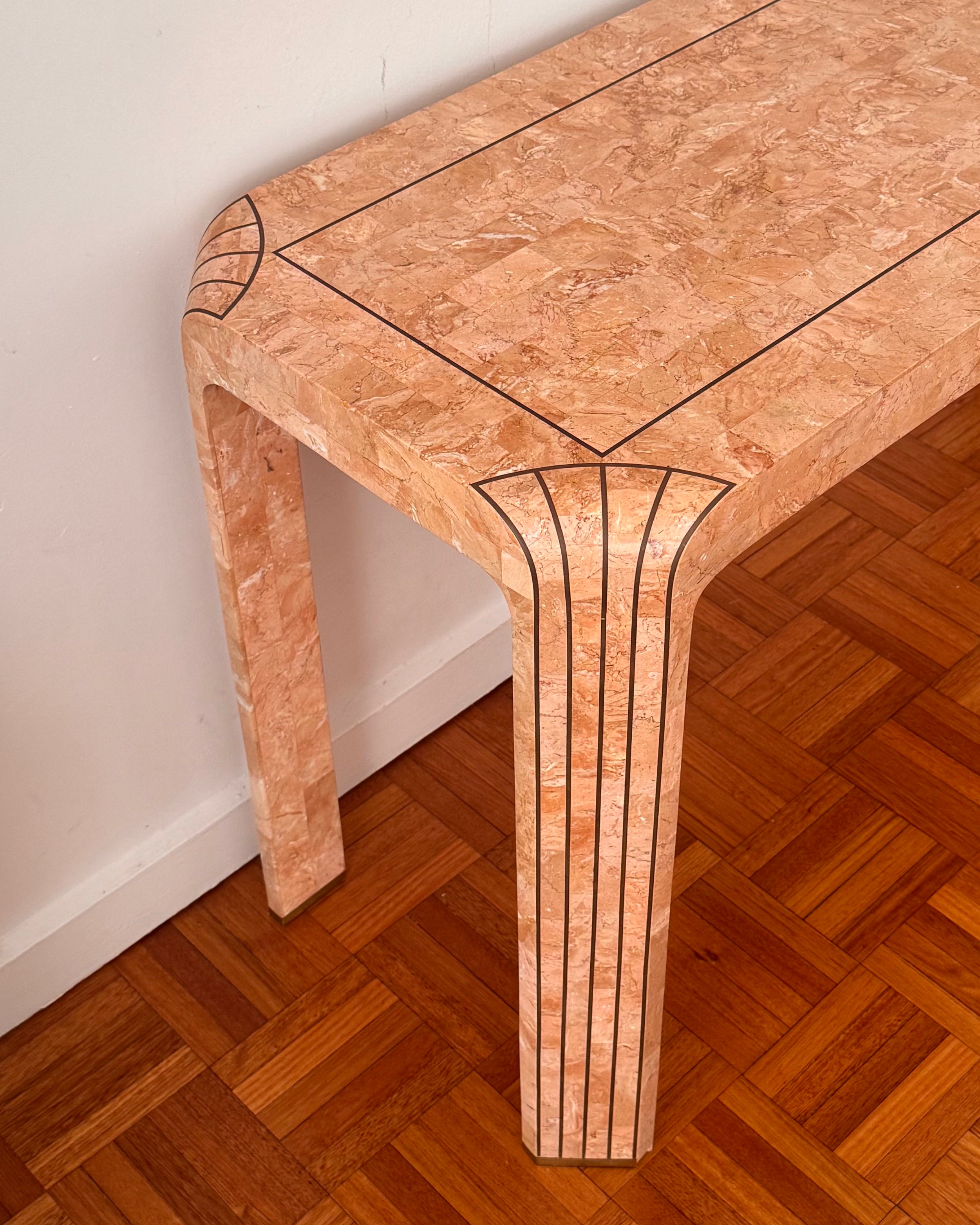 Maitland Smith 1980s tessalated marble in pinkish hue console/desk table with bronze details