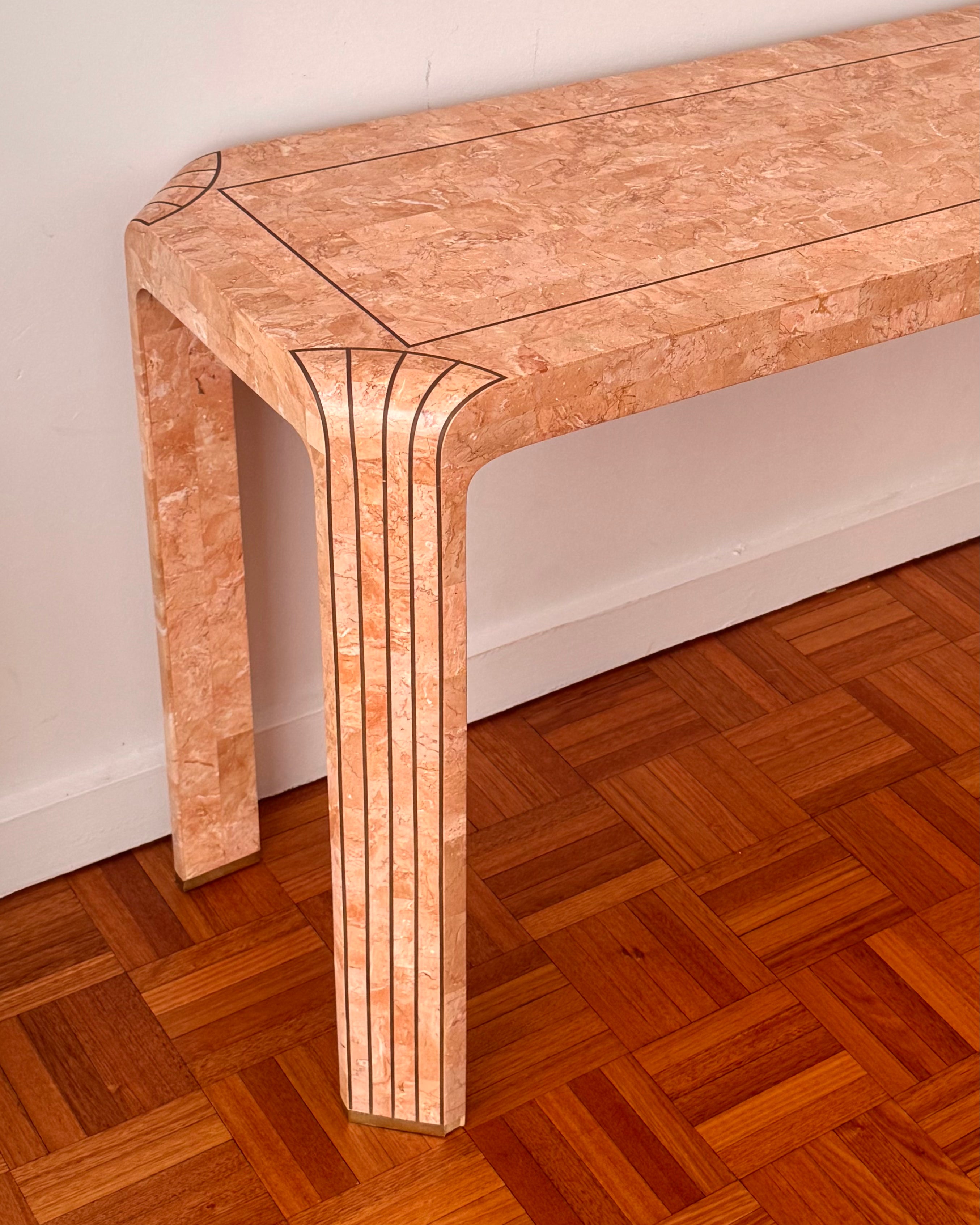 Maitland Smith 1980s tessalated marble in pinkish hue console/desk table with bronze details