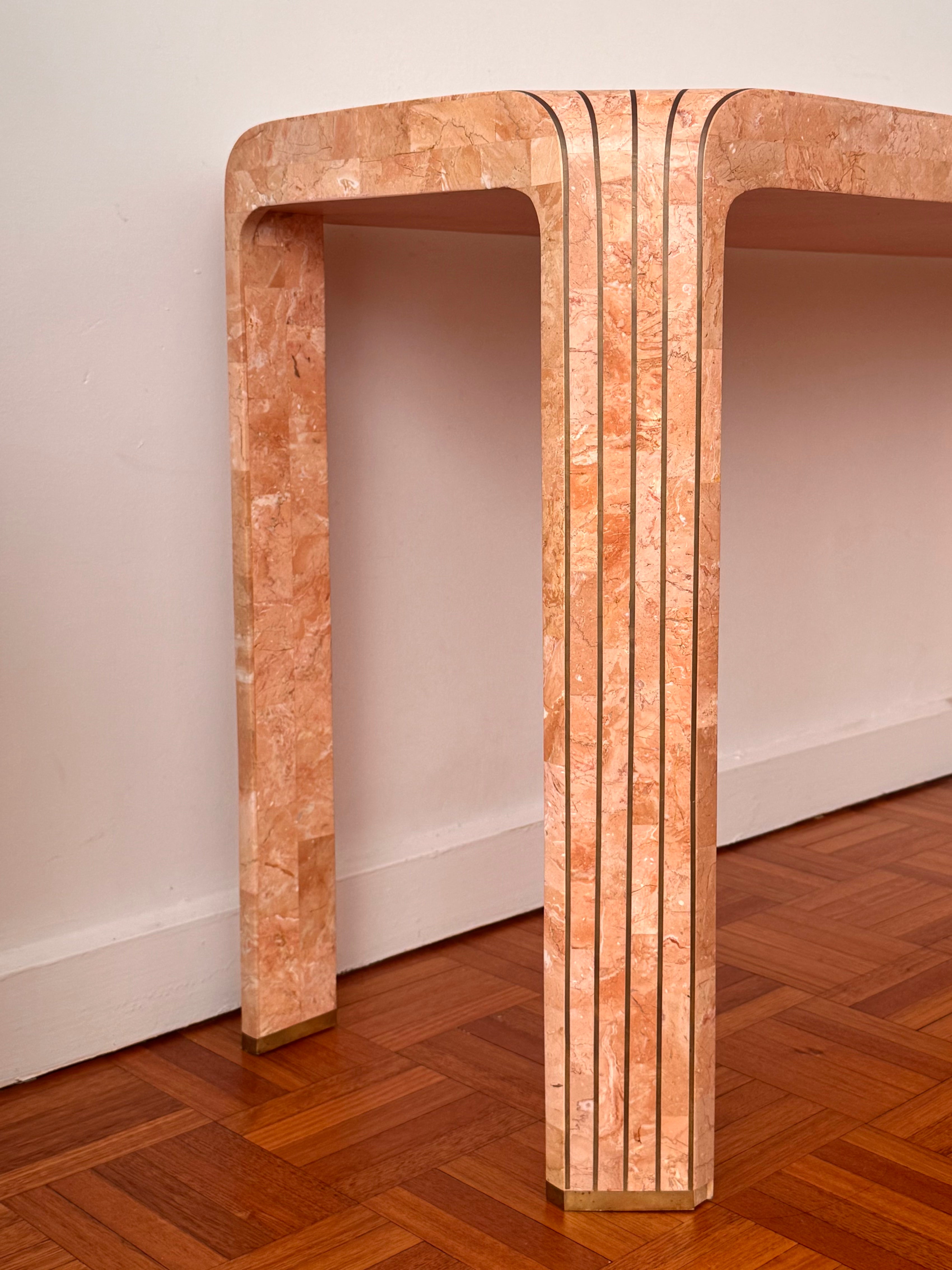 Maitland Smith 1980s tessalated marble in pinkish hue console/desk table with bronze details