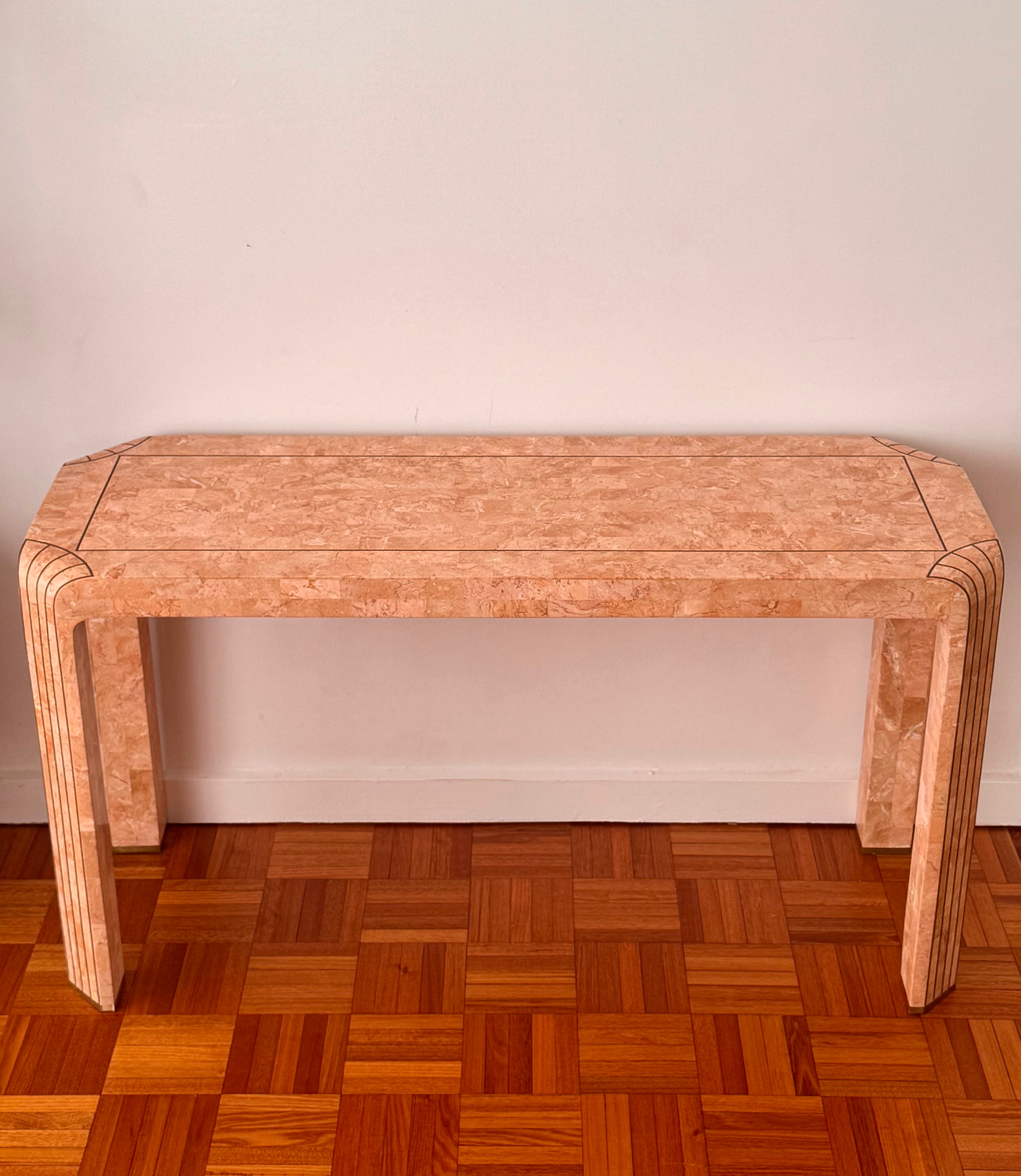 Maitland Smith 1980s tessalated marble in pinkish hue console/desk table with bronze details